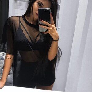 LAST ONE Raw Hem Oversize Mesh Short Sleeve Shirt